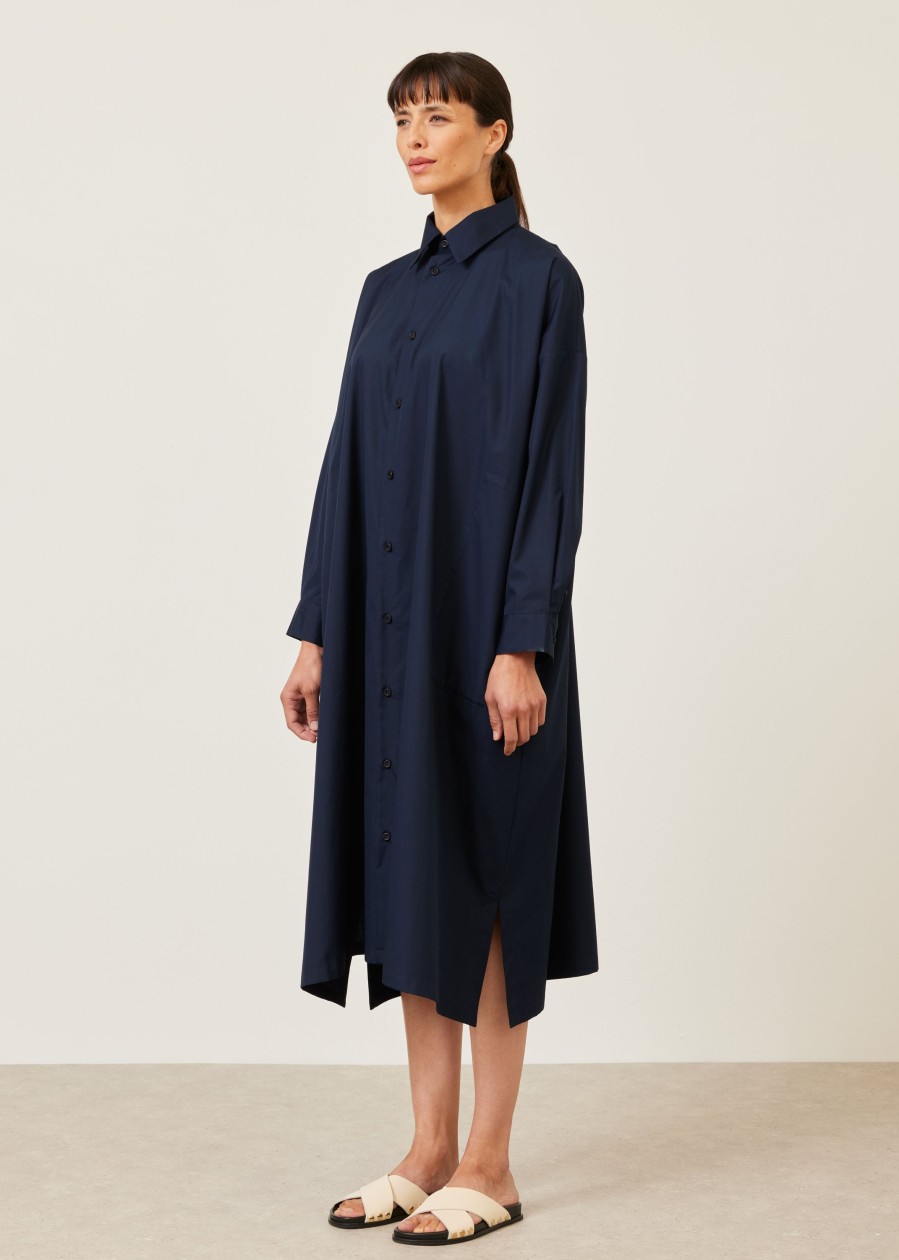 Women Eskandar | Wide A-Line Shirt Dress With Collar Navy