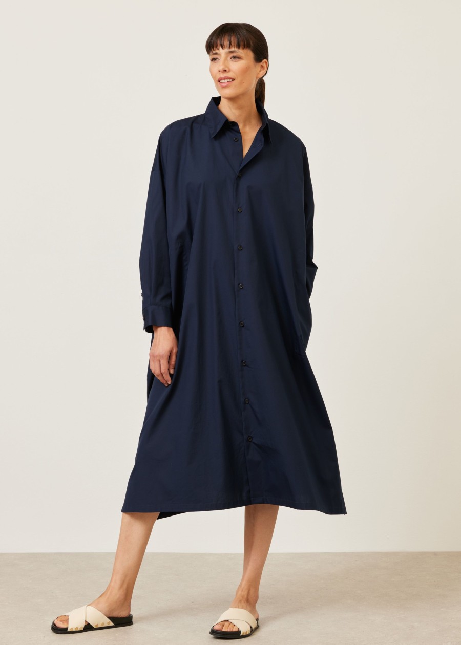 Women Eskandar | Wide A-Line Shirt Dress With Collar Navy