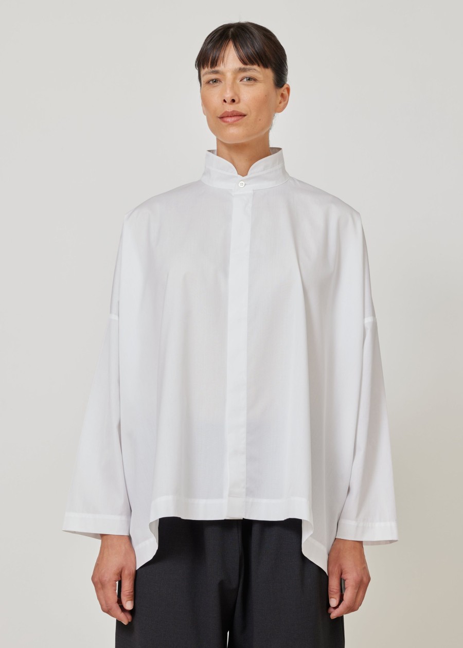 Women Eskandar | Wide Longer Back Double Stand Collar Shirt-Mid Plus White