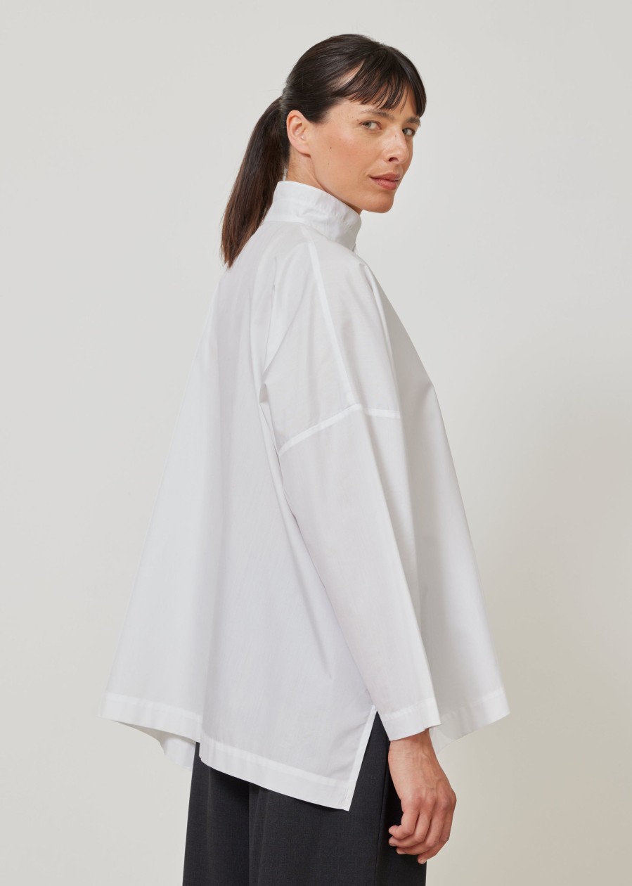 Women Eskandar | Wide Longer Back Double Stand Collar Shirt-Mid Plus White