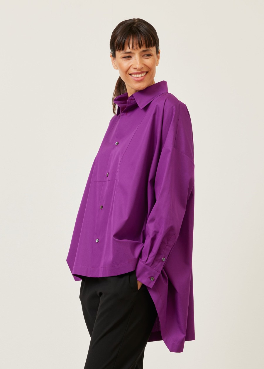 Women Eskandar | Smaller Front Larger Back Shirt With Collar And Bib Front-Mid Plus Darkfuchsia