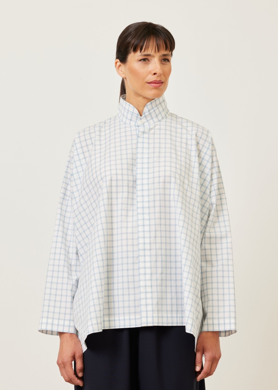 Women Eskandar | Wide Longer Back Double Stand Collar Shirt-Mid Plus Woadblue