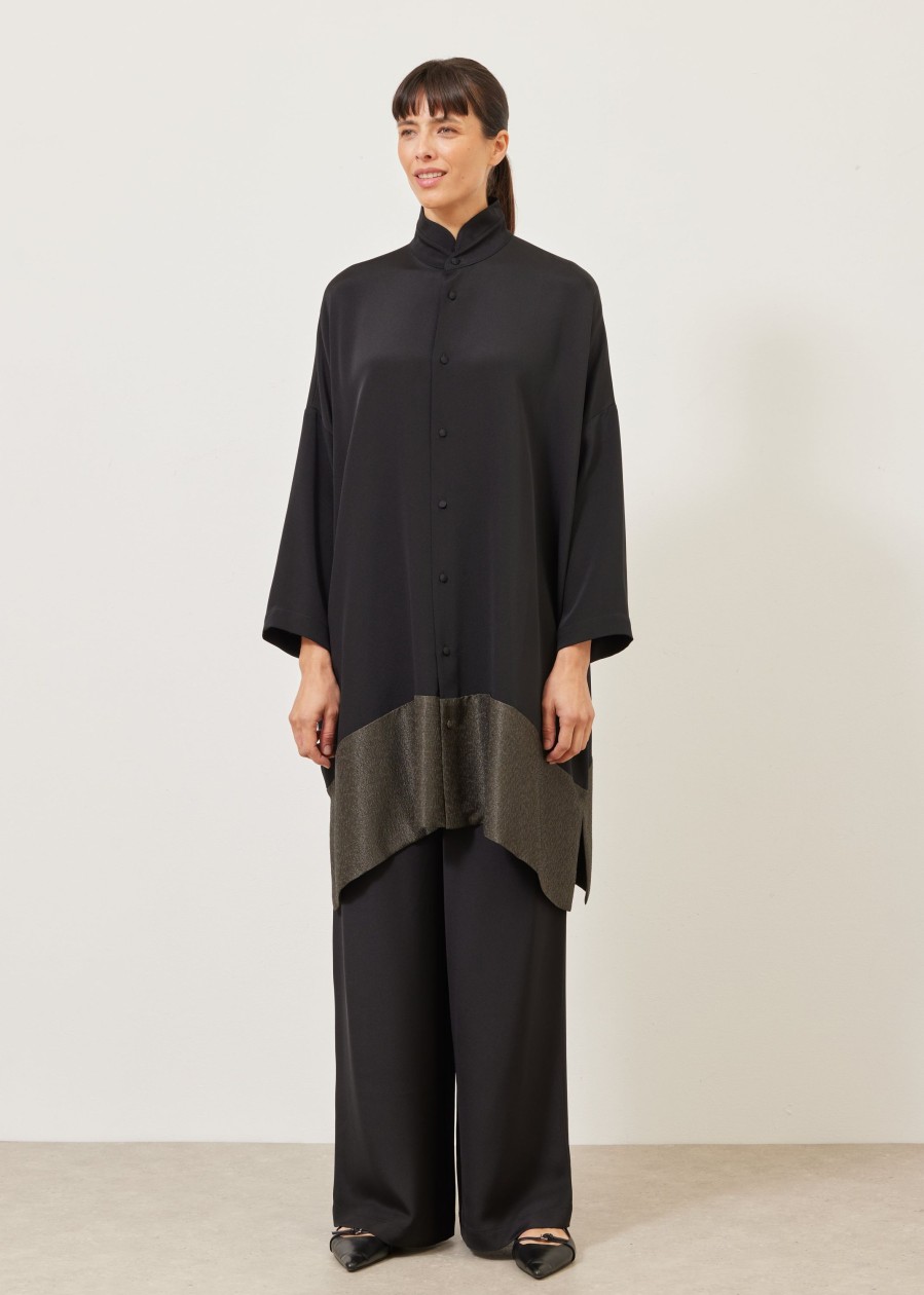 Women Eskandar | Wide Double Stand Collar Shirt-Very Long With Slits Black With Mossdark