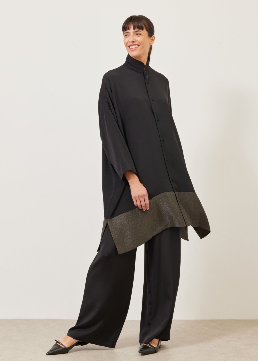 Women Eskandar | Wide Double Stand Collar Shirt-Very Long With Slits Black With Mossdark