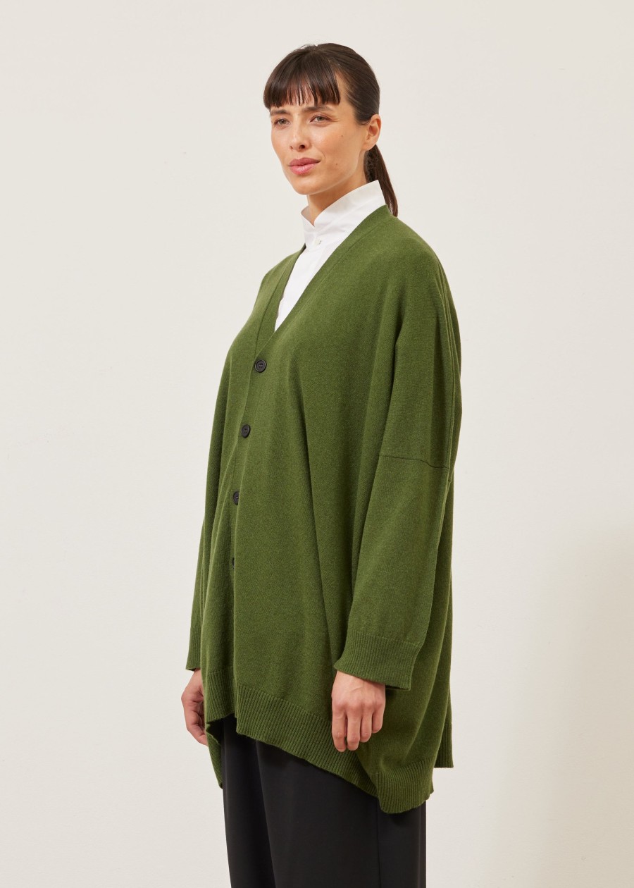 Women Eskandar | Wide V Neck Button Knit Cardigan-Long Plus Ferngreen