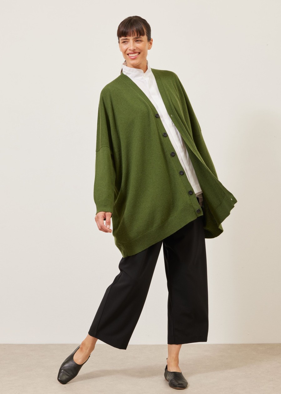 Women Eskandar | Wide V Neck Button Knit Cardigan-Long Plus Ferngreen