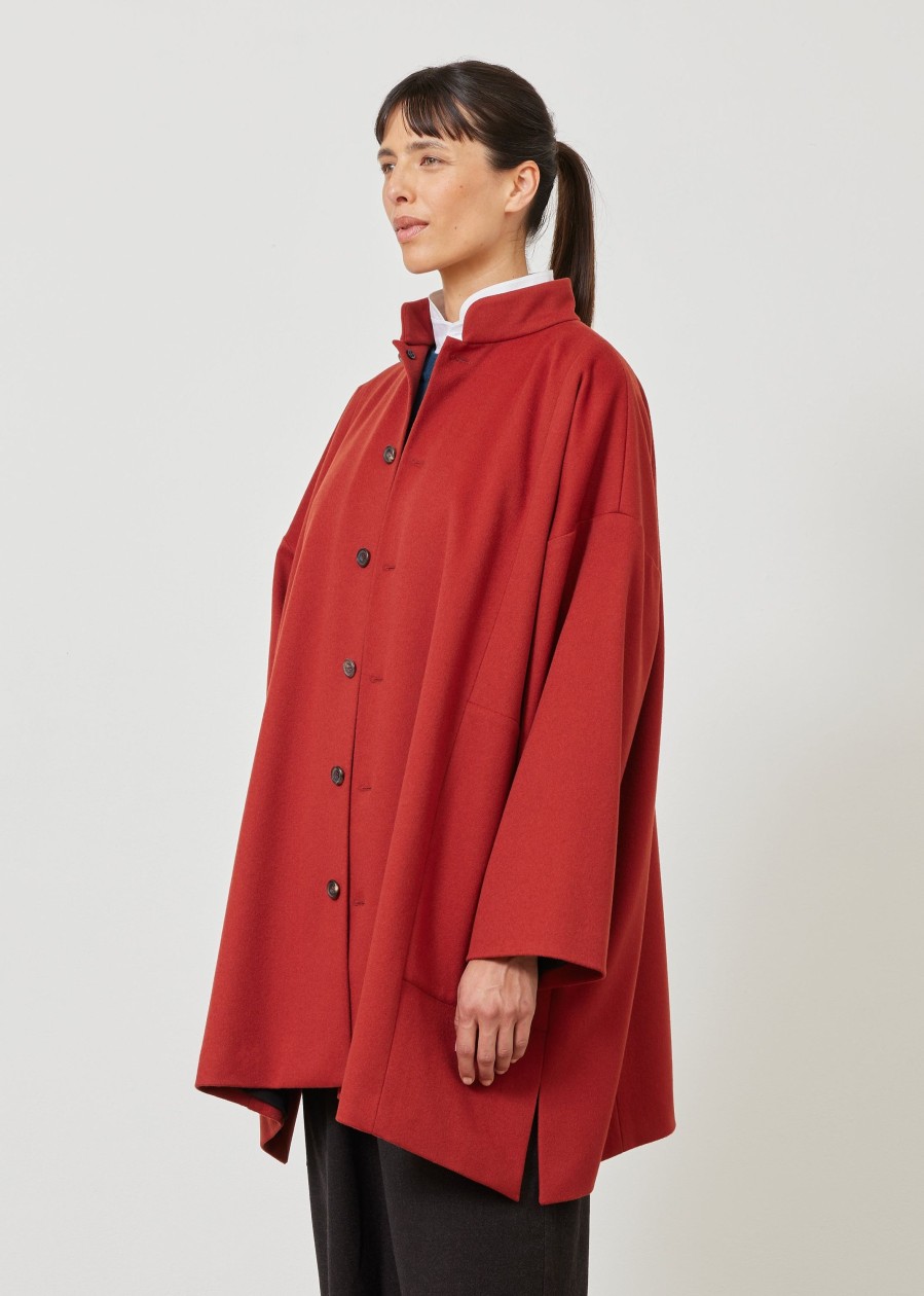 Women Eskandar | Wide A-Line Mandarin Collar Coat-Long Plus Rust