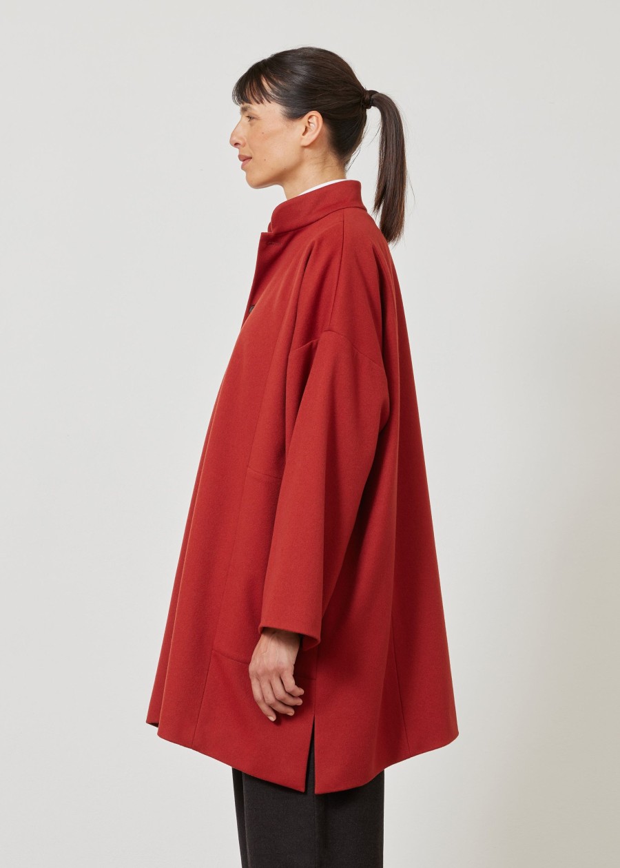 Women Eskandar | Wide A-Line Mandarin Collar Coat-Long Plus Rust