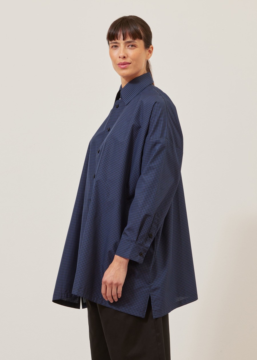 Women Eskandar | Wide A-Line Shirt With Collar-Long Plus Navyblack