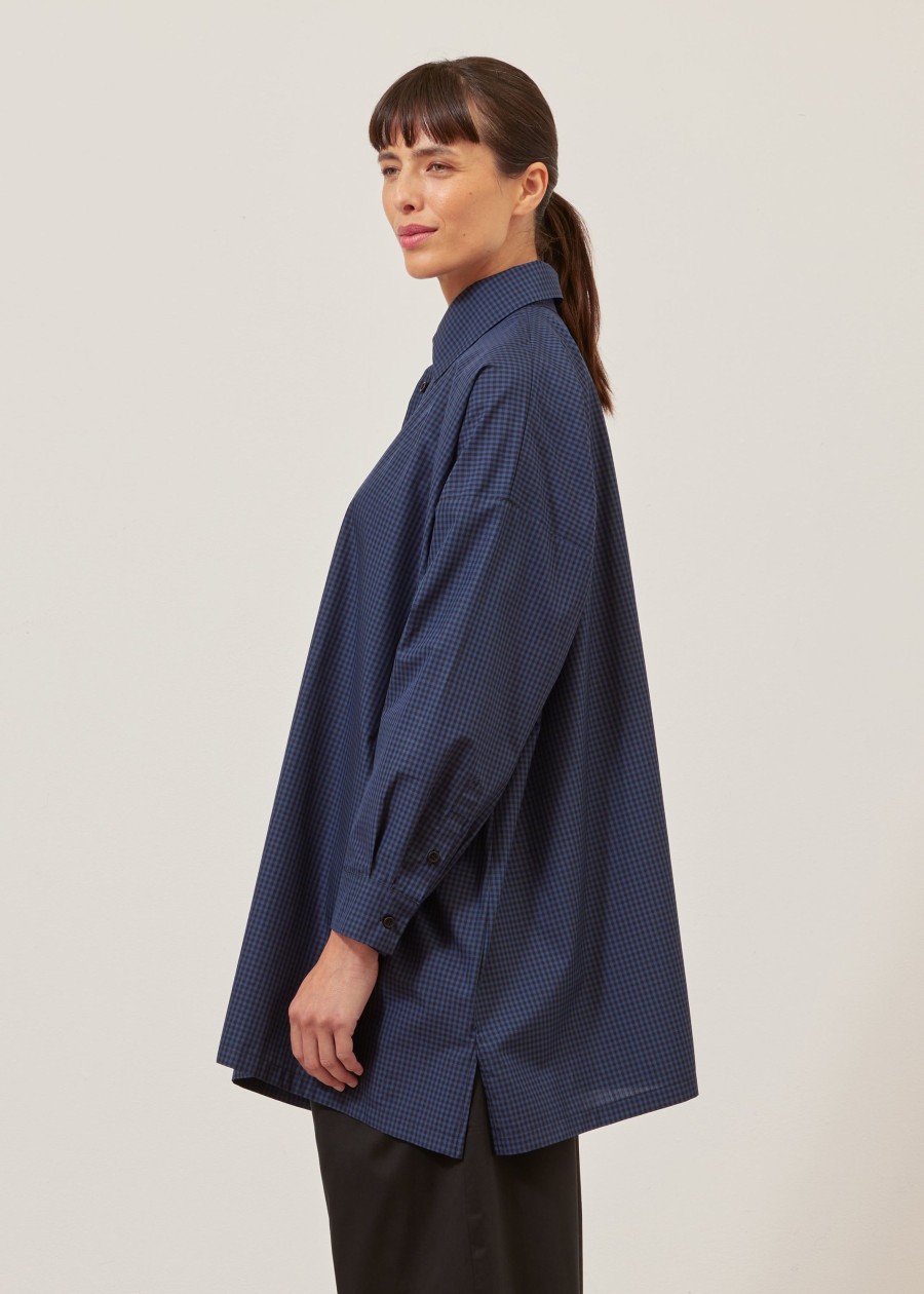 Women Eskandar | Wide A-Line Shirt With Collar-Long Plus Navyblack