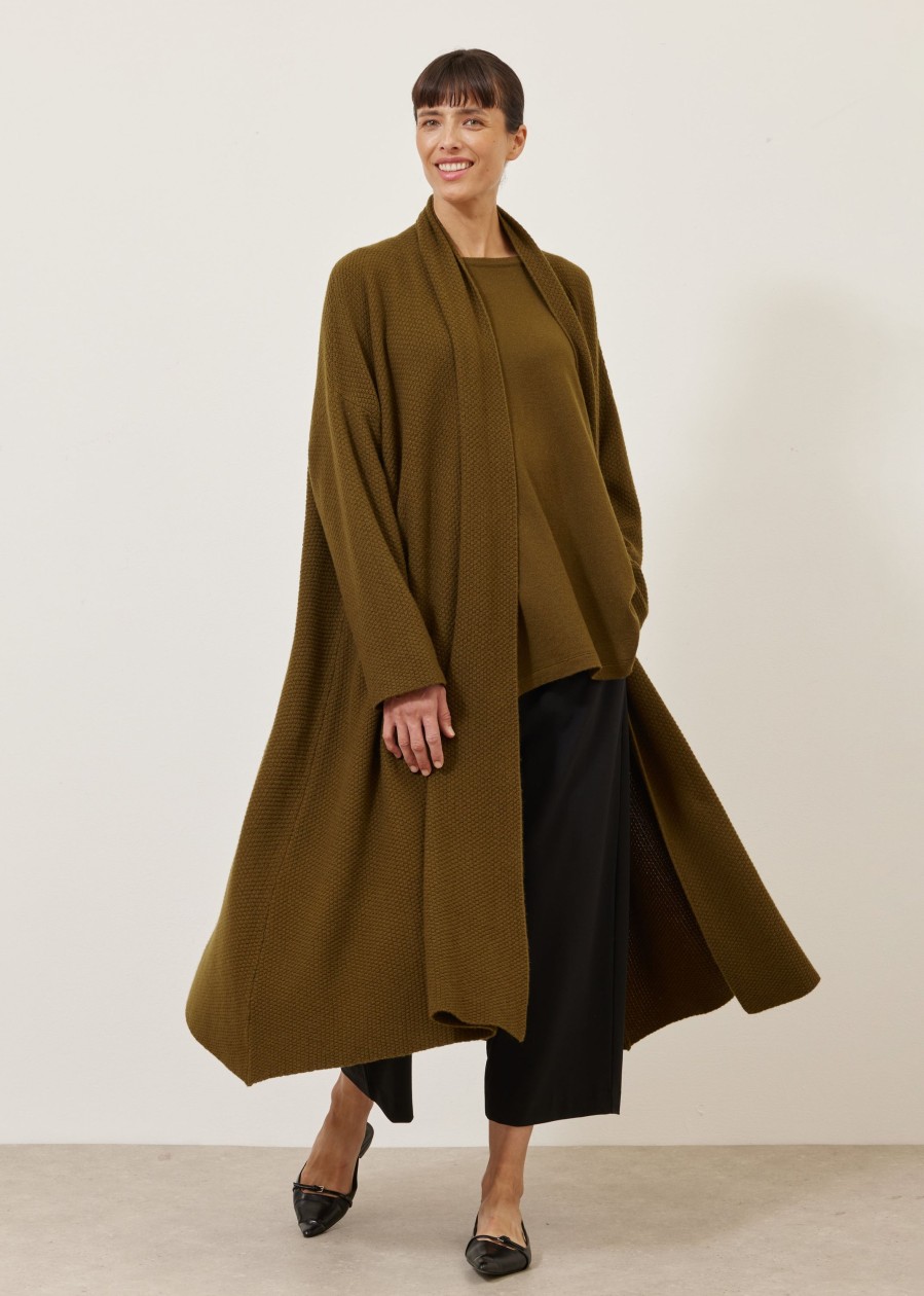 Women Eskandar | A-Line Scrunch Shawl Collar Knit Cardigan-3/4 Length Greenbronze