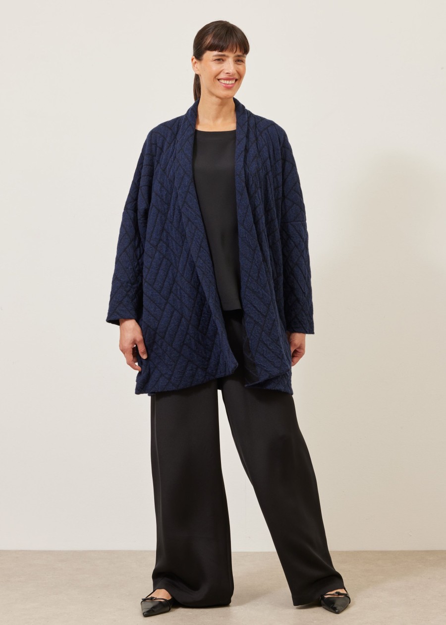 Women Eskandar | Shawl Collar Knit Cardigan-Long Plus Navy