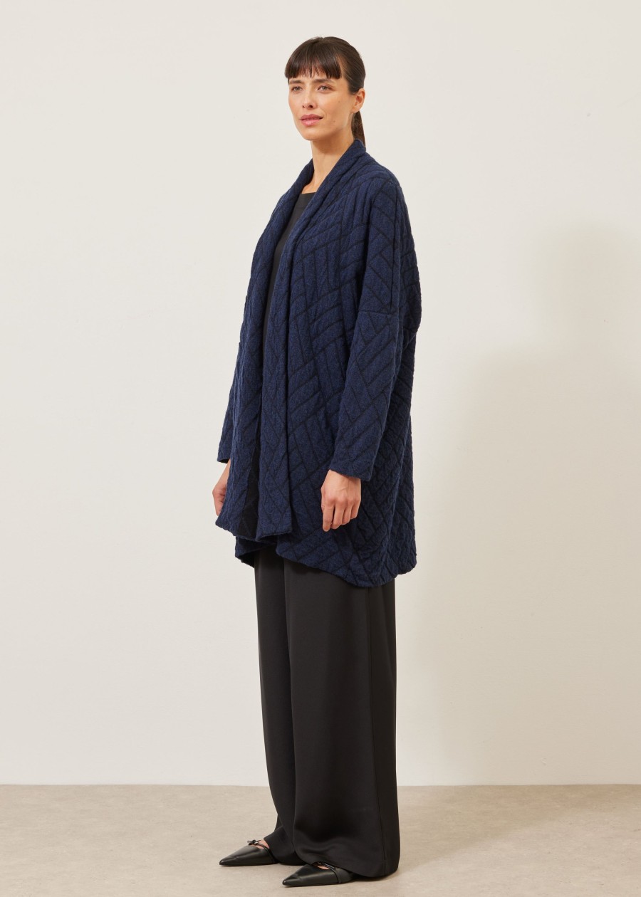 Women Eskandar | Shawl Collar Knit Cardigan-Long Plus Navy