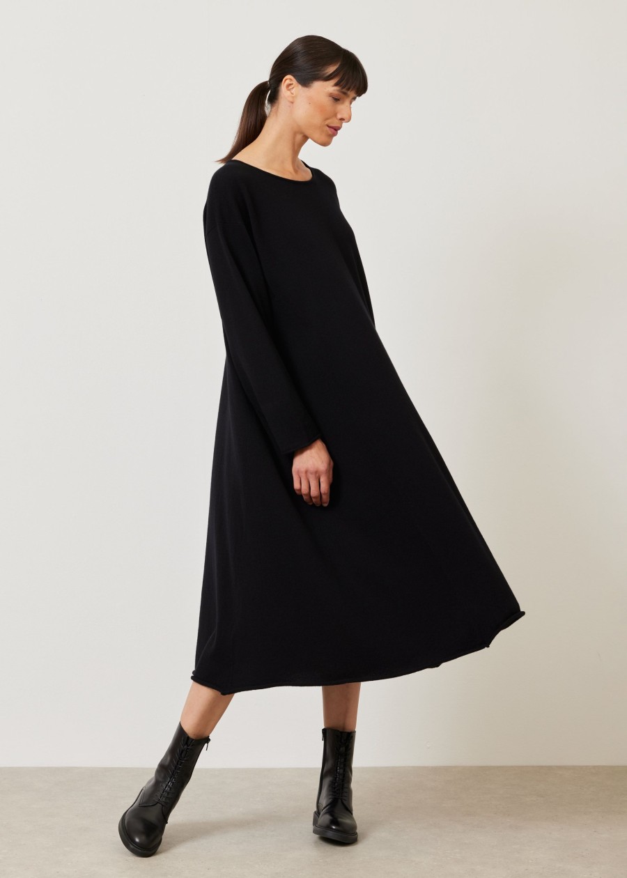 Women Eskandar | Side Panelled A-Line Bateau Neck Knit Dress Black