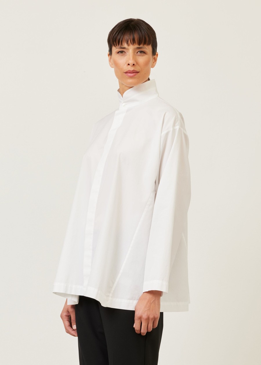 Women Eskandar | Side Panelled Shirt With Double Stand Collar-Mid Plus White