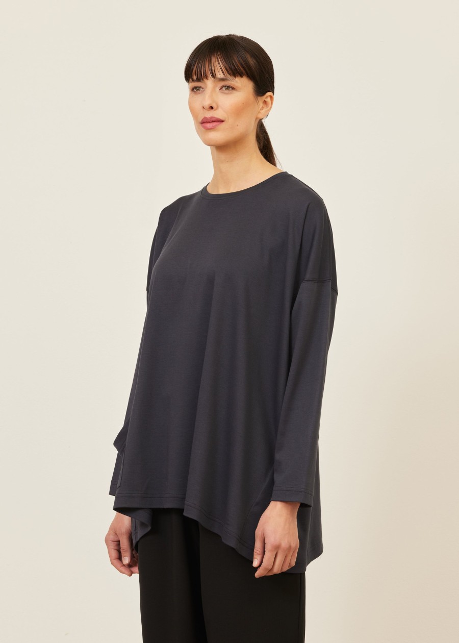 Women Eskandar | One Pocket Angle-To-Front Round Neck T-Shirt-Long Navy