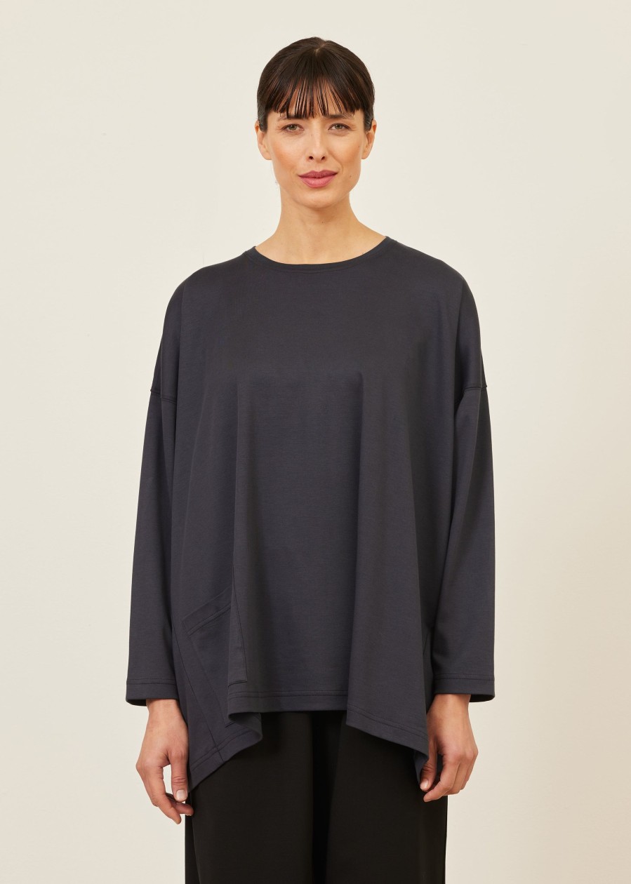 Women Eskandar | One Pocket Angle-To-Front Round Neck T-Shirt-Long Navy