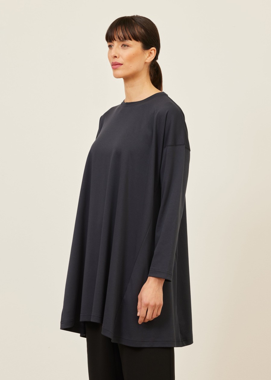 Women Eskandar | Side Panelled Round Neck T-Shirt-Long Plus Navydark