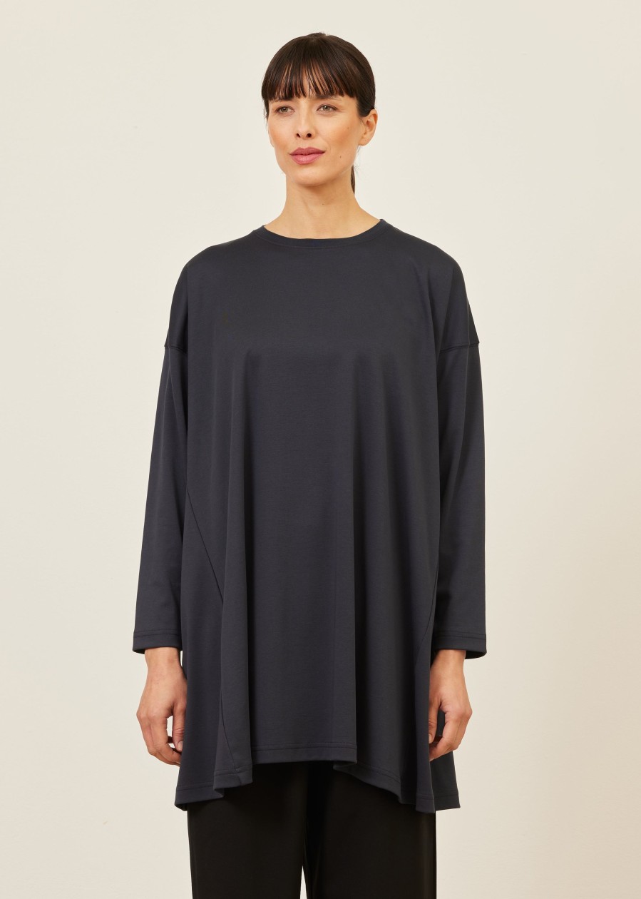 Women Eskandar | Side Panelled Round Neck T-Shirt-Long Plus Navydark