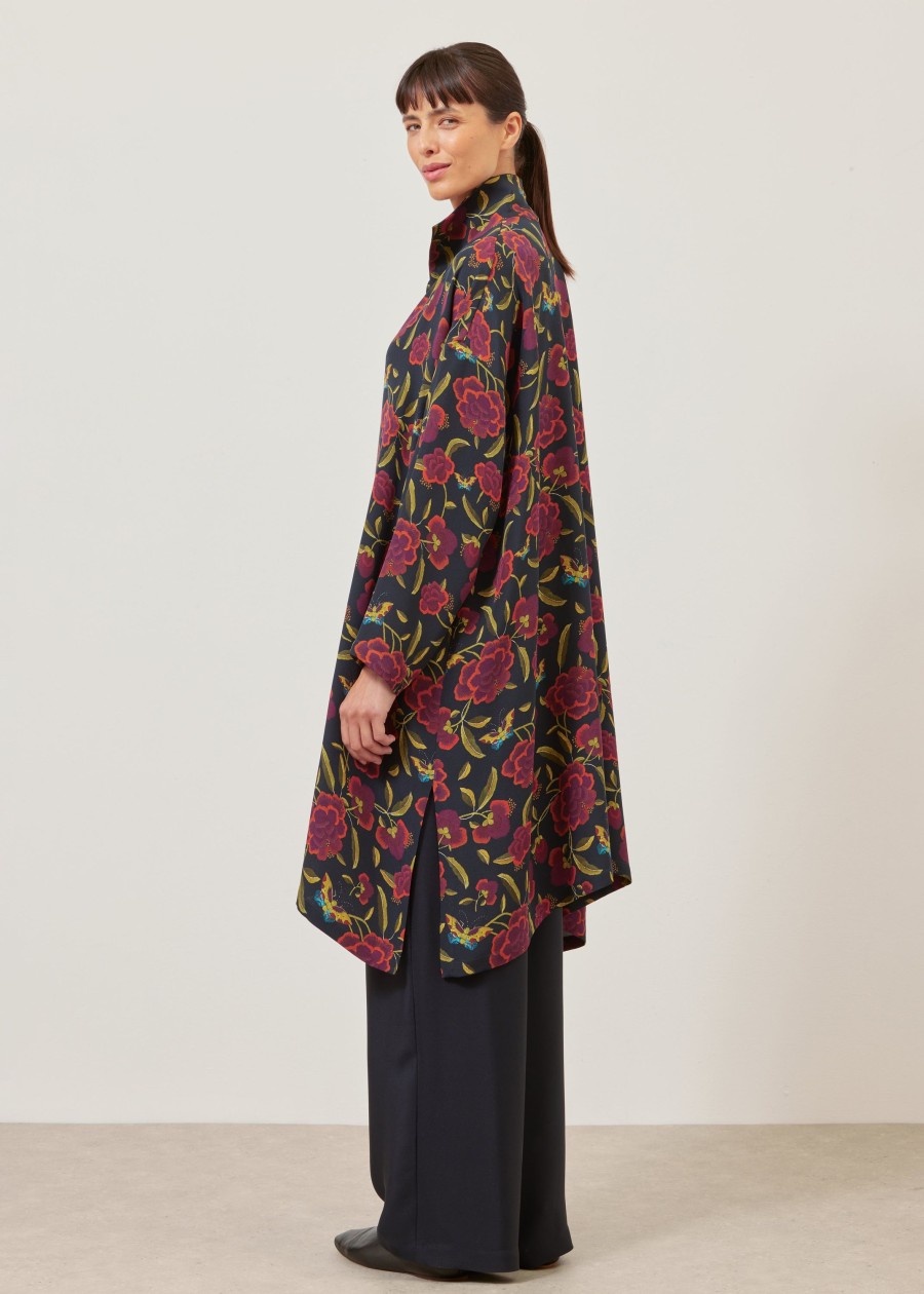 Women Eskandar | Wide A-Line Shirt With Open 'Standup' Collar-Very Long With Sllits Garnet