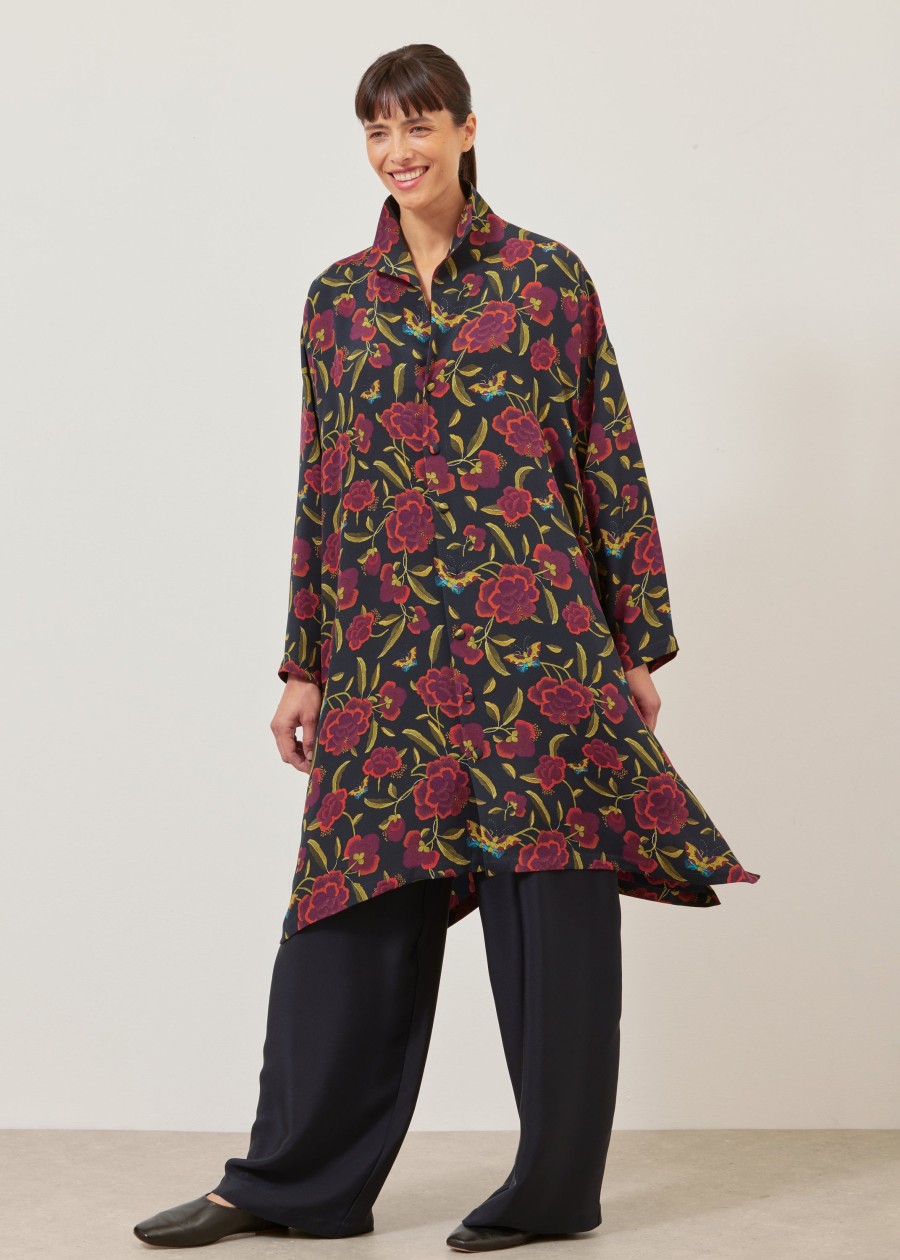 Women Eskandar | Wide A-Line Shirt With Open 'Standup' Collar-Very Long With Sllits Garnet