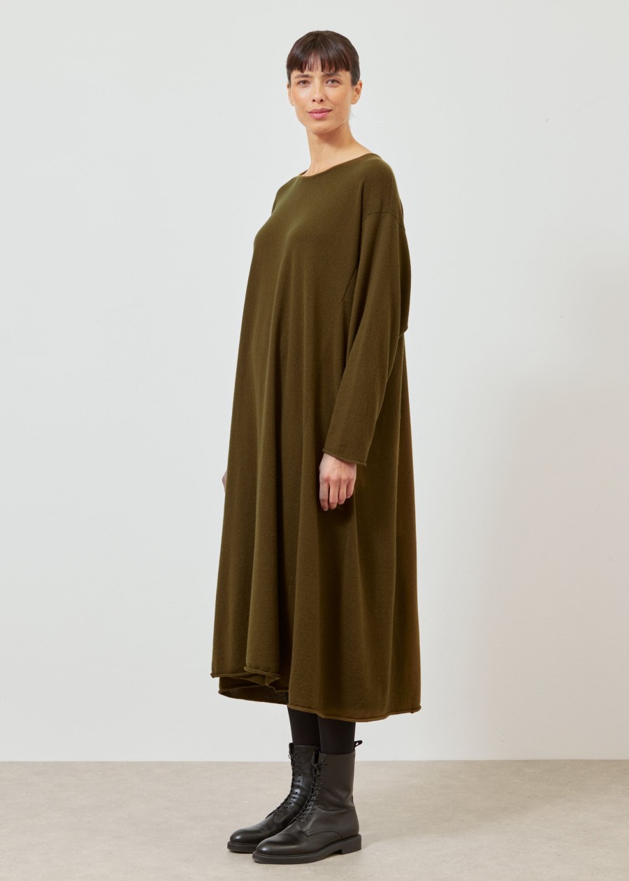 Women Eskandar | Side Panelled A-Line Bateau Neck Knit Dress Greenbronze