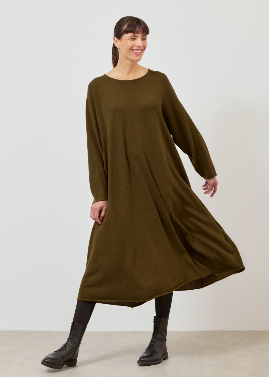 Women Eskandar | Side Panelled A-Line Bateau Neck Knit Dress Greenbronze