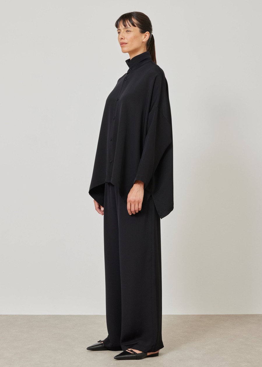 Women Eskandar | Wide Longer Back Double Stand Collar Shirt-Mid Plus Black