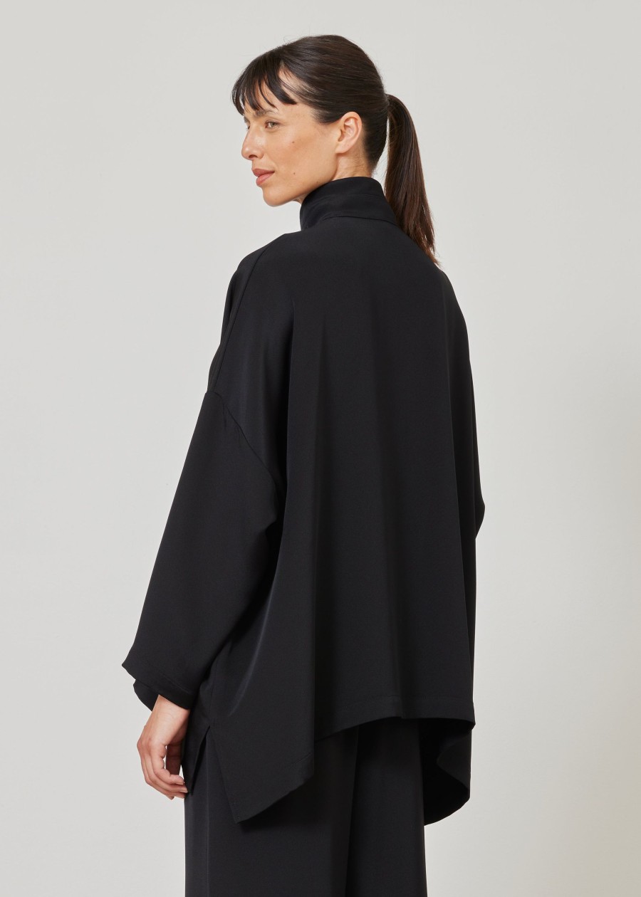 Women Eskandar | Wide Longer Back Double Stand Collar Shirt-Mid Plus Black