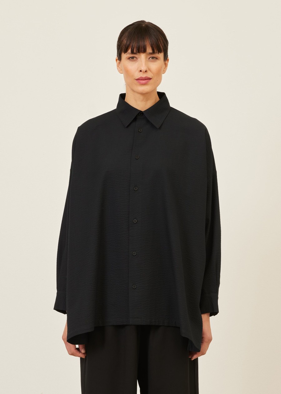 Women Eskandar | Wide A-Line Shirt With Collar-Long Black