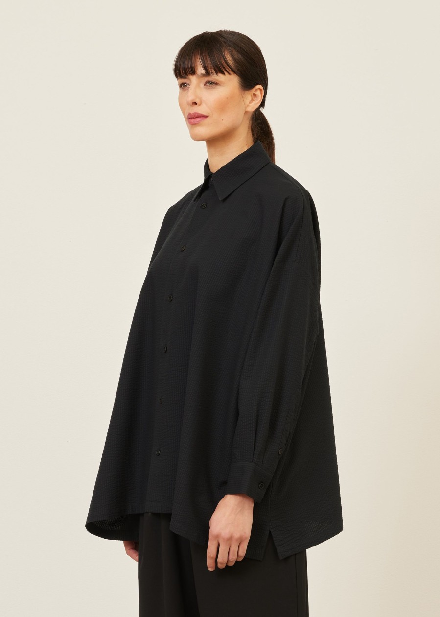 Women Eskandar | Wide A-Line Shirt With Collar-Long Black