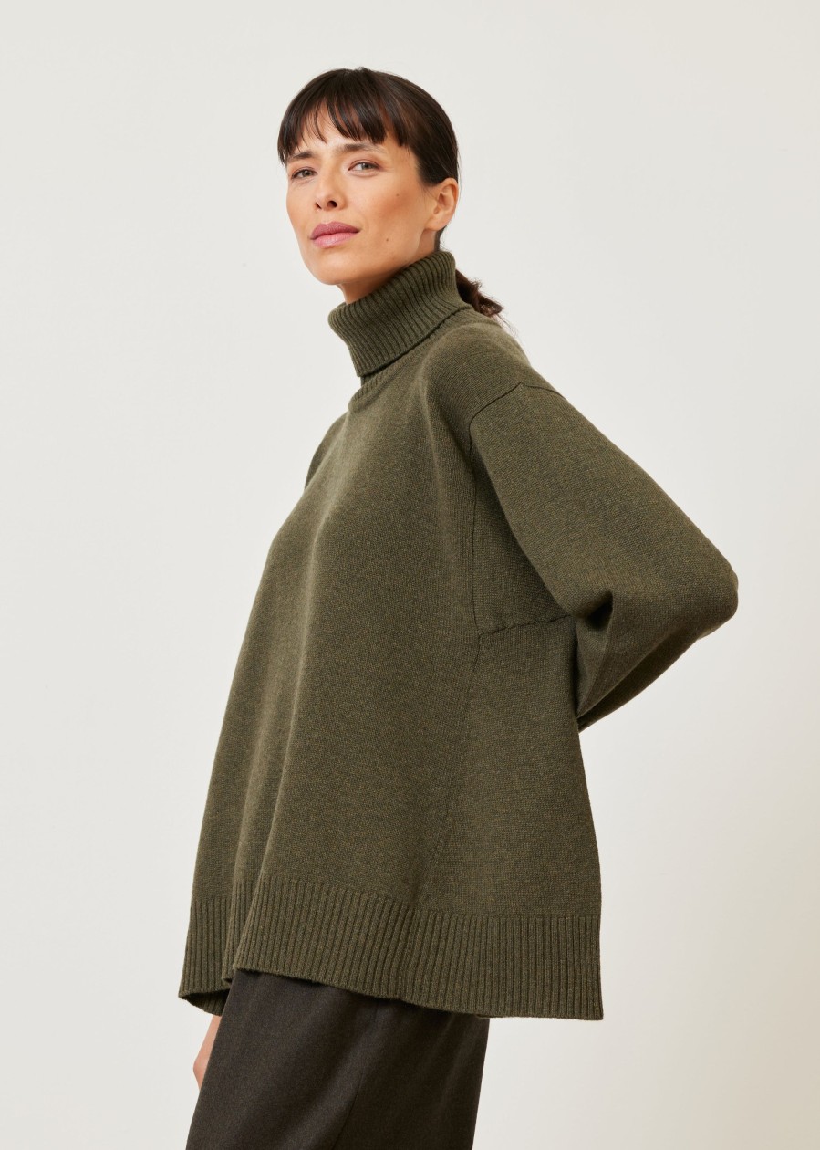 Women Eskandar | Panelled A-Line Roll Neck Cashmere Sweater-Mid Plus Loden