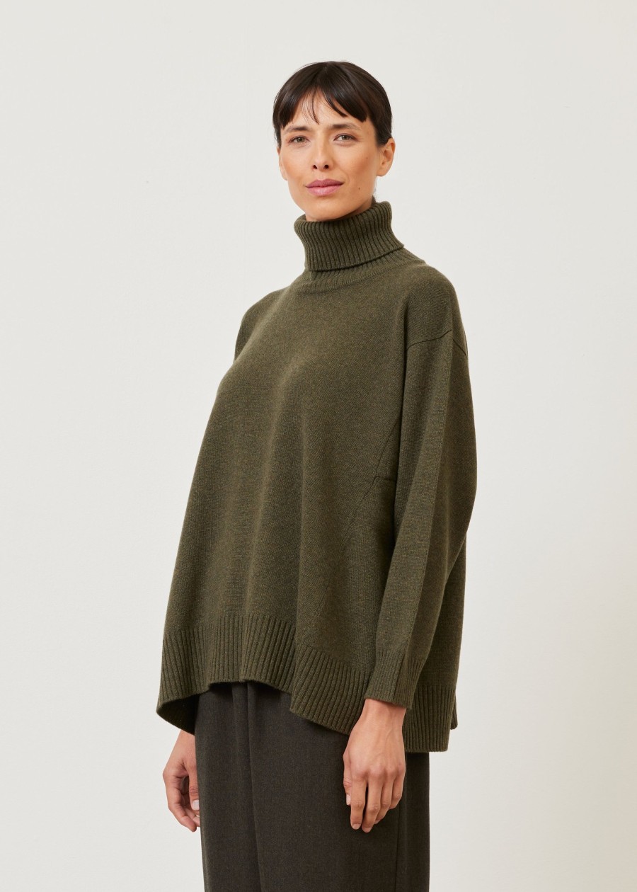 Women Eskandar | Panelled A-Line Roll Neck Cashmere Sweater-Mid Plus Loden