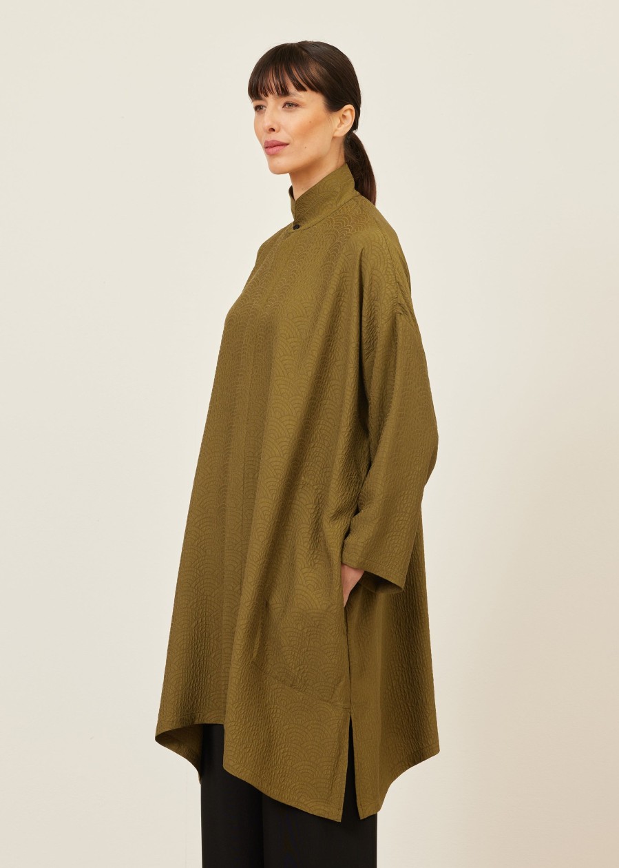 Women Eskandar | Wide A-Line Double Stand Collar Shirt-Very Long With Slits Greenbronze