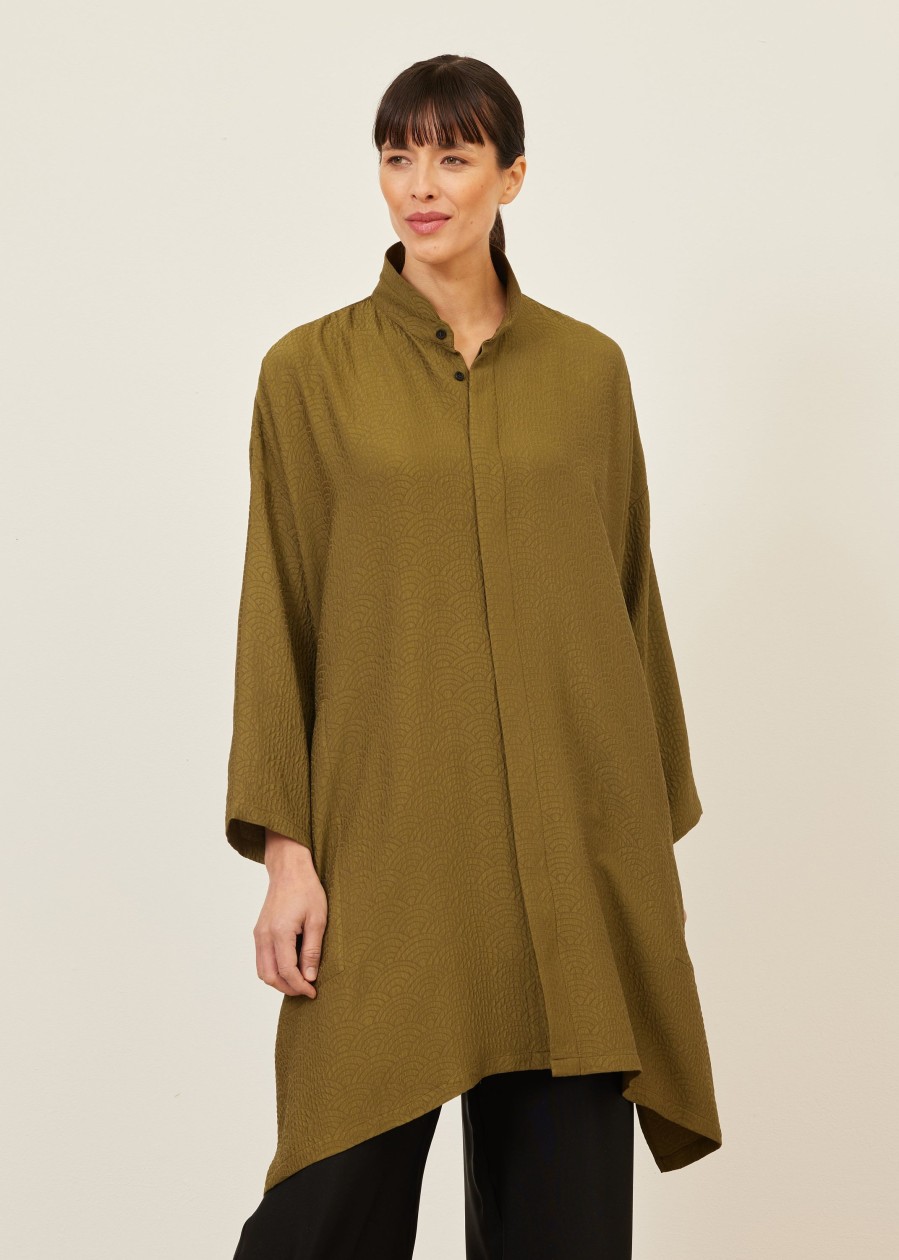 Women Eskandar | Wide A-Line Double Stand Collar Shirt-Very Long With Slits Greenbronze