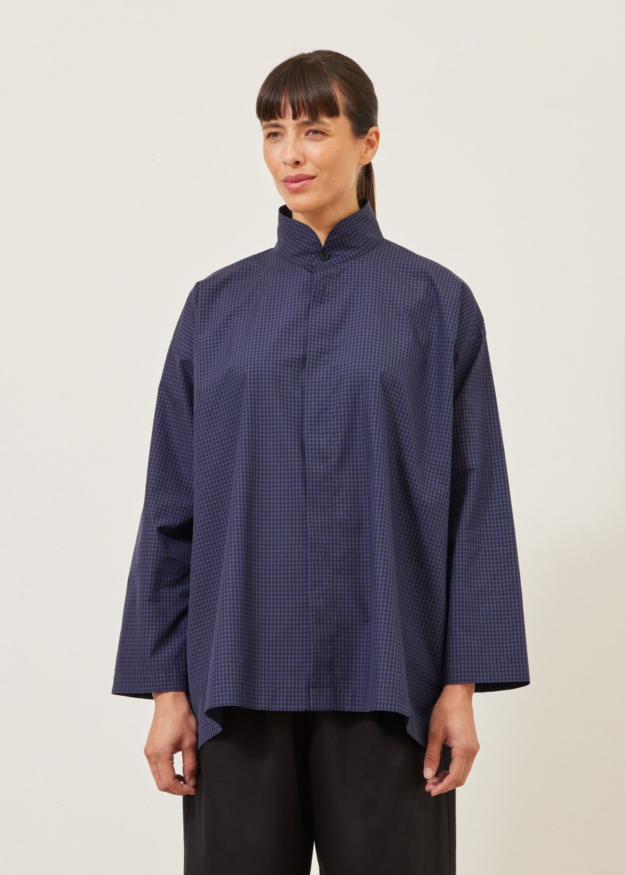 Women Eskandar | Slim A-Line Double Stand Collar Shirt With Stepped Insert-Long Navyblack