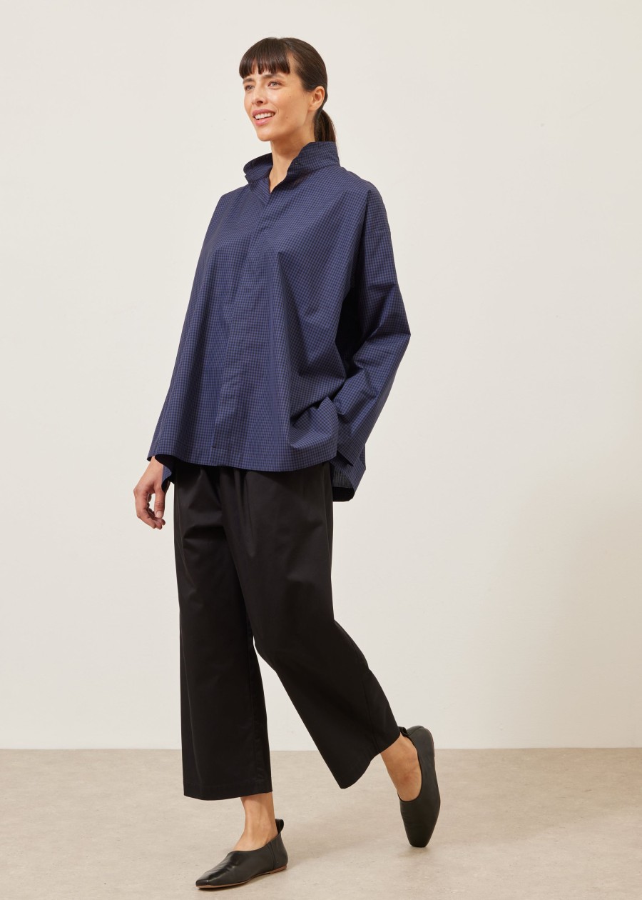 Women Eskandar | Slim A-Line Double Stand Collar Shirt With Stepped Insert-Long Navyblack