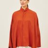 Women Eskandar | Wide Longer Back Double Stand Collar Shirt-Mid Plus Burntorange