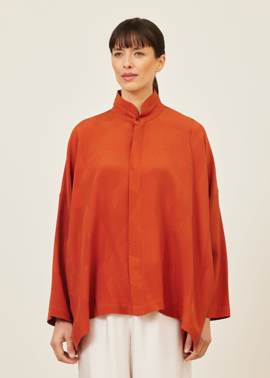 Women Eskandar | Wide Longer Back Double Stand Collar Shirt-Mid Plus Burntorange