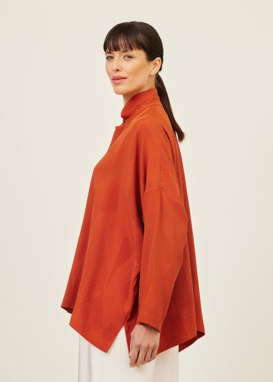 Women Eskandar | Wide Longer Back Double Stand Collar Shirt-Mid Plus Burntorange