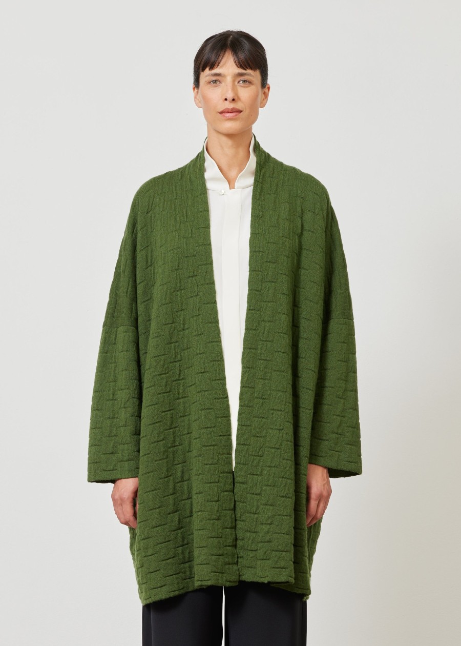 Women Eskandar | Knitted Scrunch Shawl Collar Cardigan-Long Plus Ferngreen