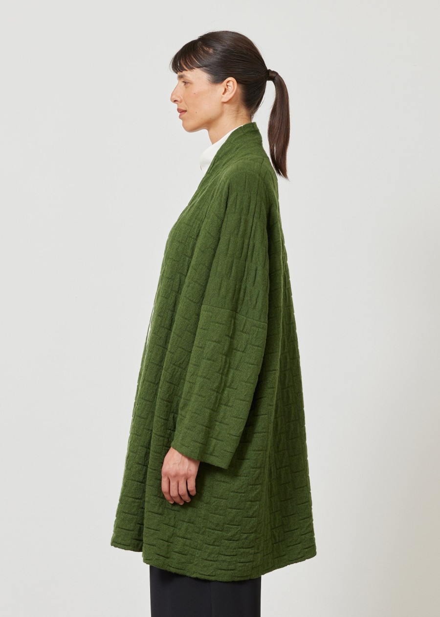 Women Eskandar | Knitted Scrunch Shawl Collar Cardigan-Long Plus Ferngreen