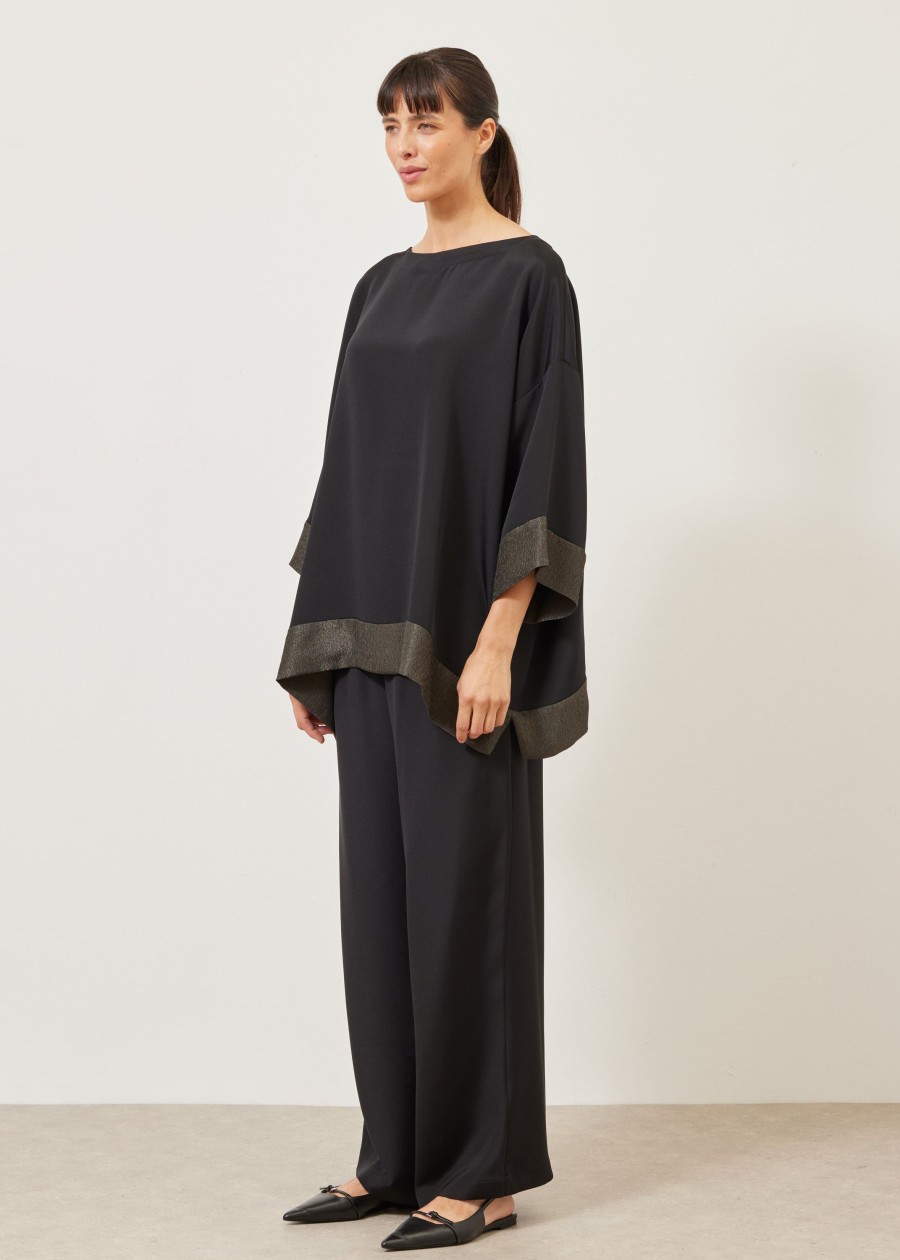 Women Eskandar | 3/4 Sleeve Scoop Neck Tunic-Long Black With Mossdark