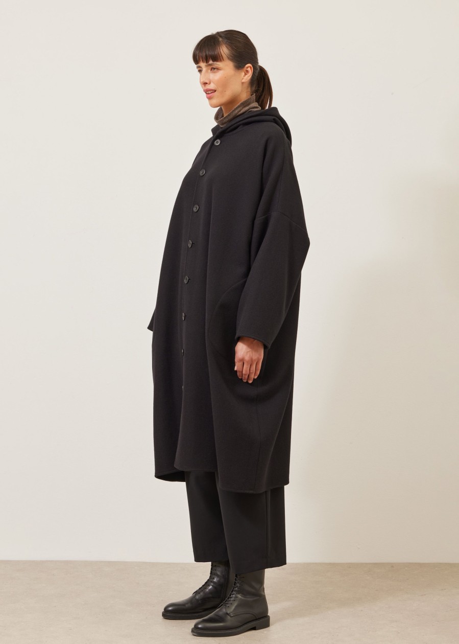 Women Eskandar | Wide Hooded Buttoned Coat-3/4 Length Black