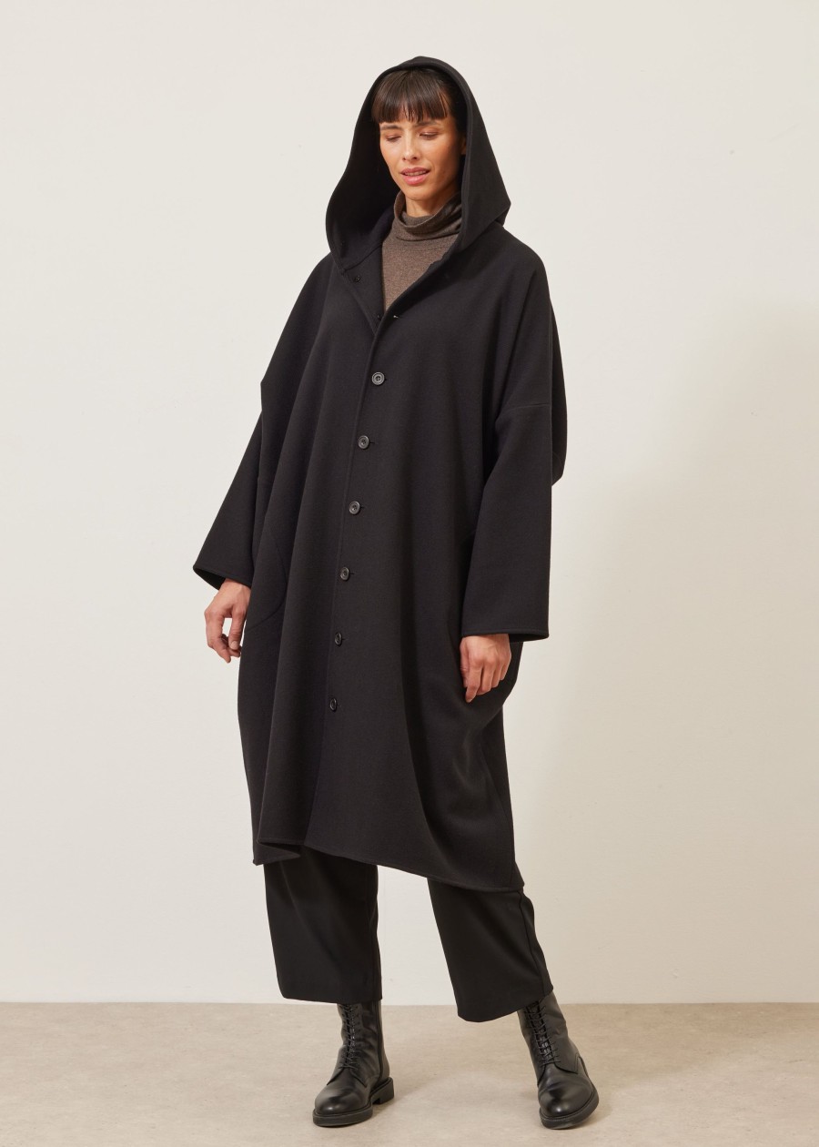 Women Eskandar | Wide Hooded Buttoned Coat-3/4 Length Black