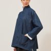 Women Eskandar | Denim Wide Longer Back Double Stand Jacket-Long Jeandark