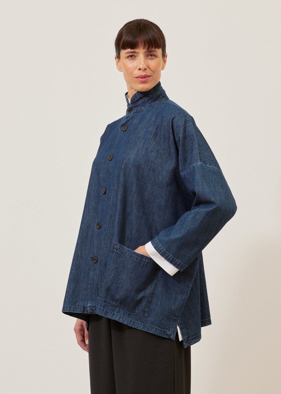 Women Eskandar | Denim Wide Longer Back Double Stand Jacket-Long Jeandark