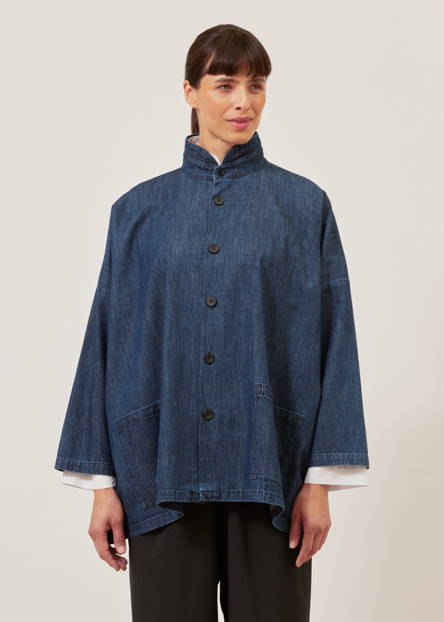 Women Eskandar | Denim Wide Longer Back Double Stand Jacket-Long Jeandark