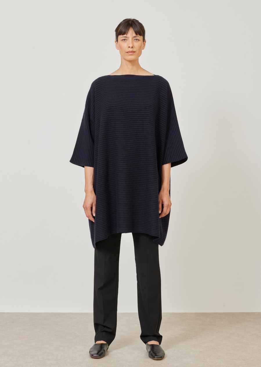 Women Eskandar | 3/4 Sleeve Wide Square Sweater-Very Long Black/Navydark