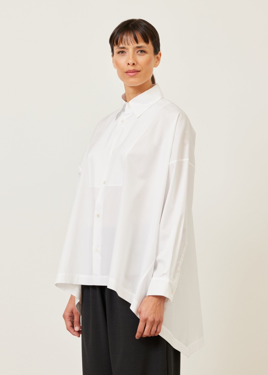 Women Eskandar | Smaller Front Larger Back Shirt With Collar And Bib Front-Mid Plus White